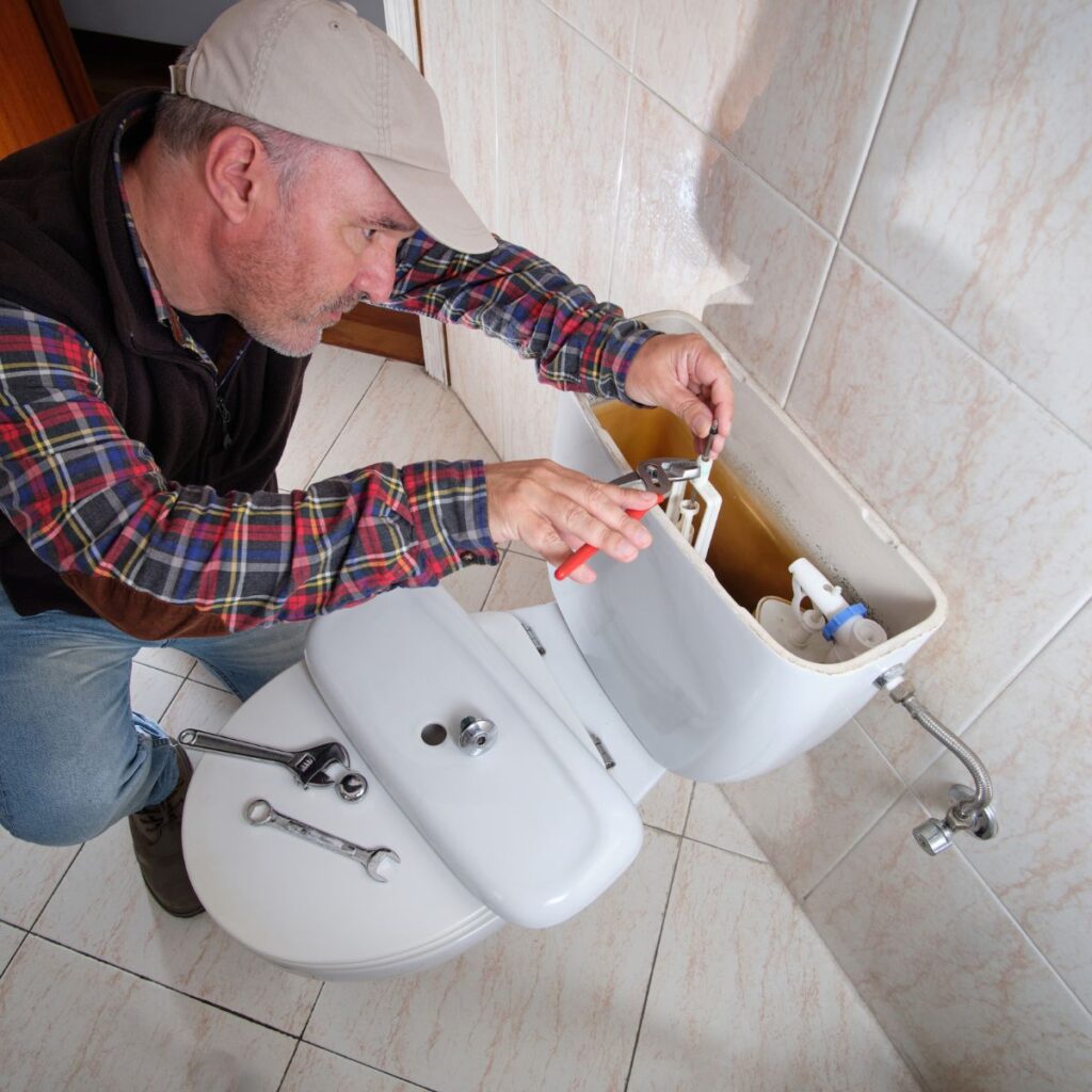 A plumber wearing a plaid shirt and cap kneels beside a toilet, actively repairing its internal components