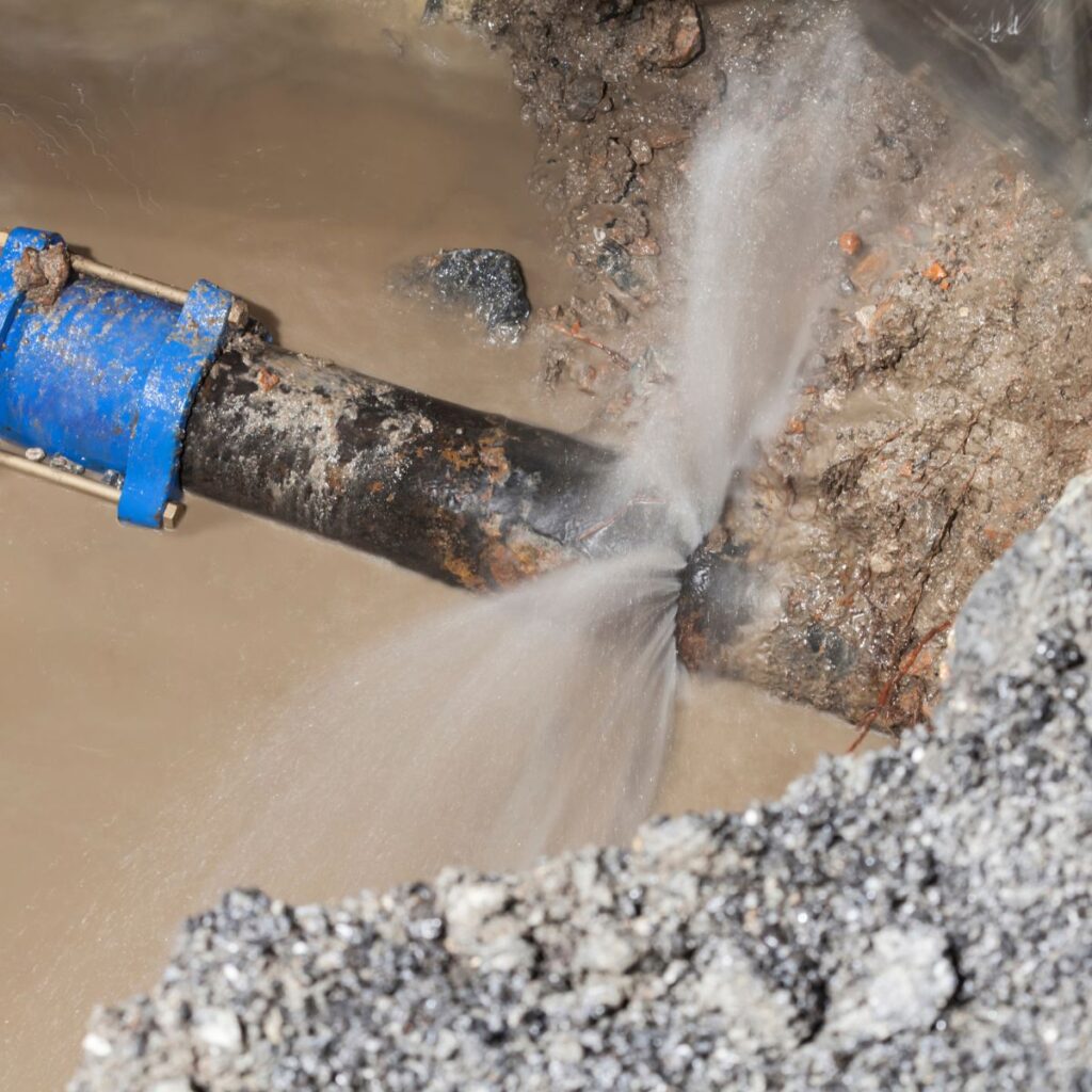 A large, dark pipe with a blue clamp violently leaks water from a crack into a muddy trench
