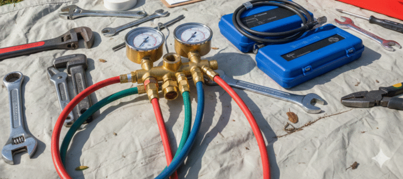Professional backflow prevention testing kit with brass manifold gauges, color-coded hoses, and various adjustable wrenches on a work cloth.