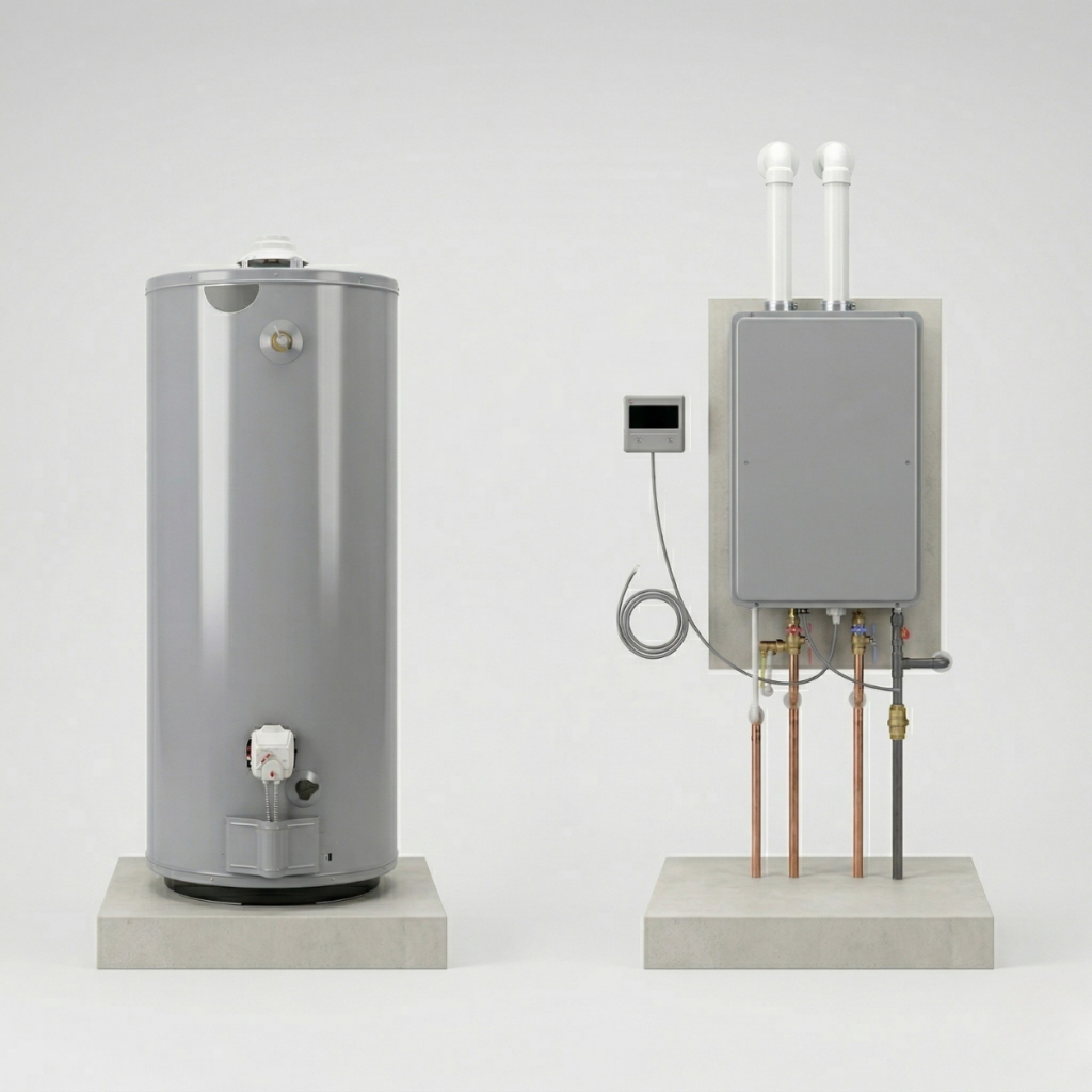 side by side image of a traditional water heater and a tankless water heater.